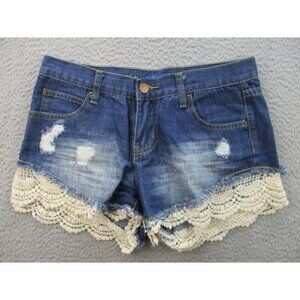 Lace Hem Denim Shorts Junior Small Blue Dark Wash Shortie Cut Off Low Rise Jeans